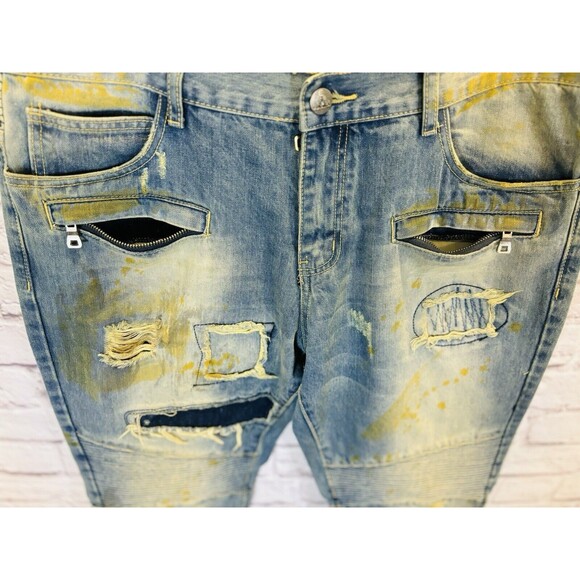 Embellish Mens Jeans‎ 38 x 33 Distressed Destroyed Biker Moto Gold Blue Denim - Picture 5 of 14